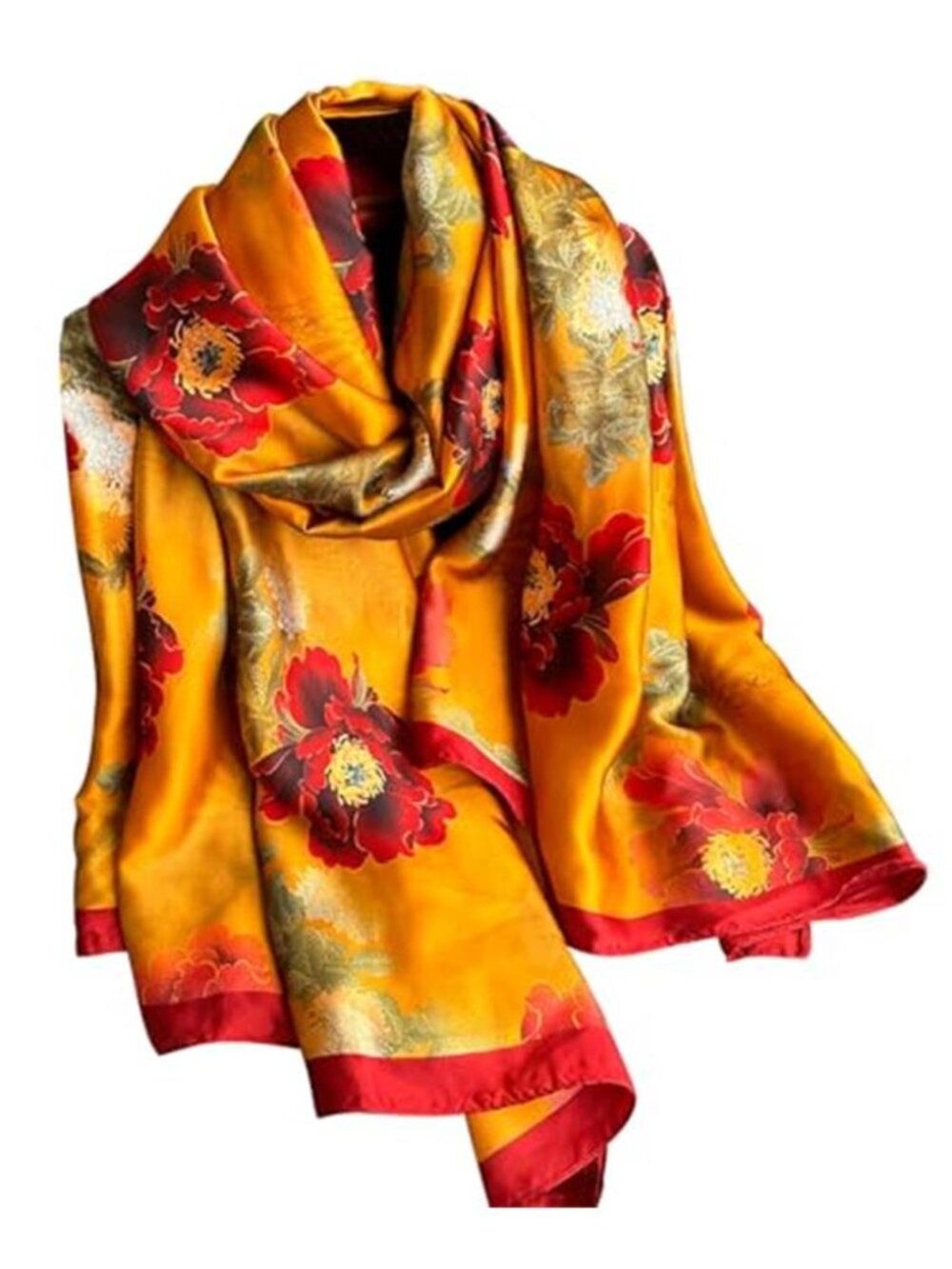 Yellow & Red Floral Satin Long Scarf Lightweight Shawl Wrap